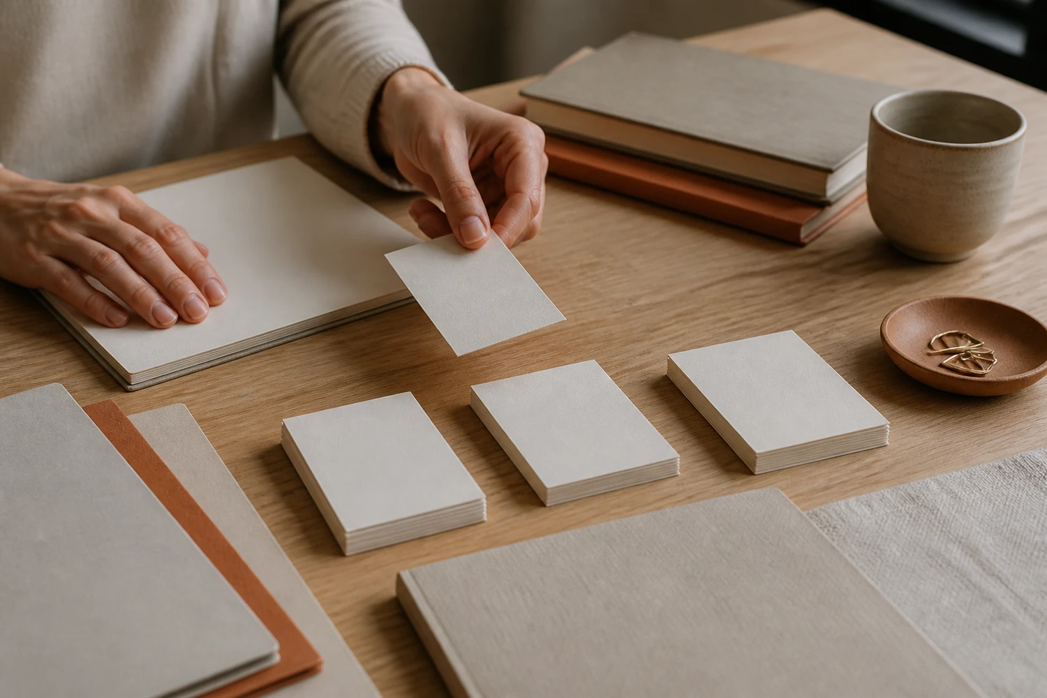 Hands organizing blank documents on a quiet desk