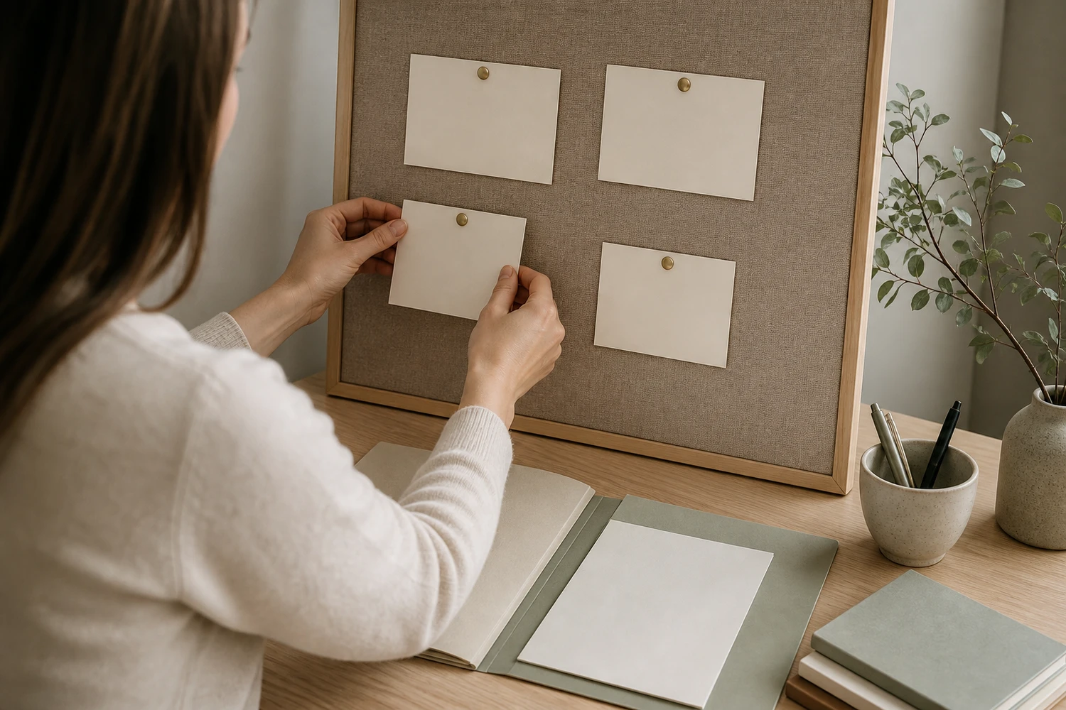 Person seen from behind preparing a meeting folder on a train