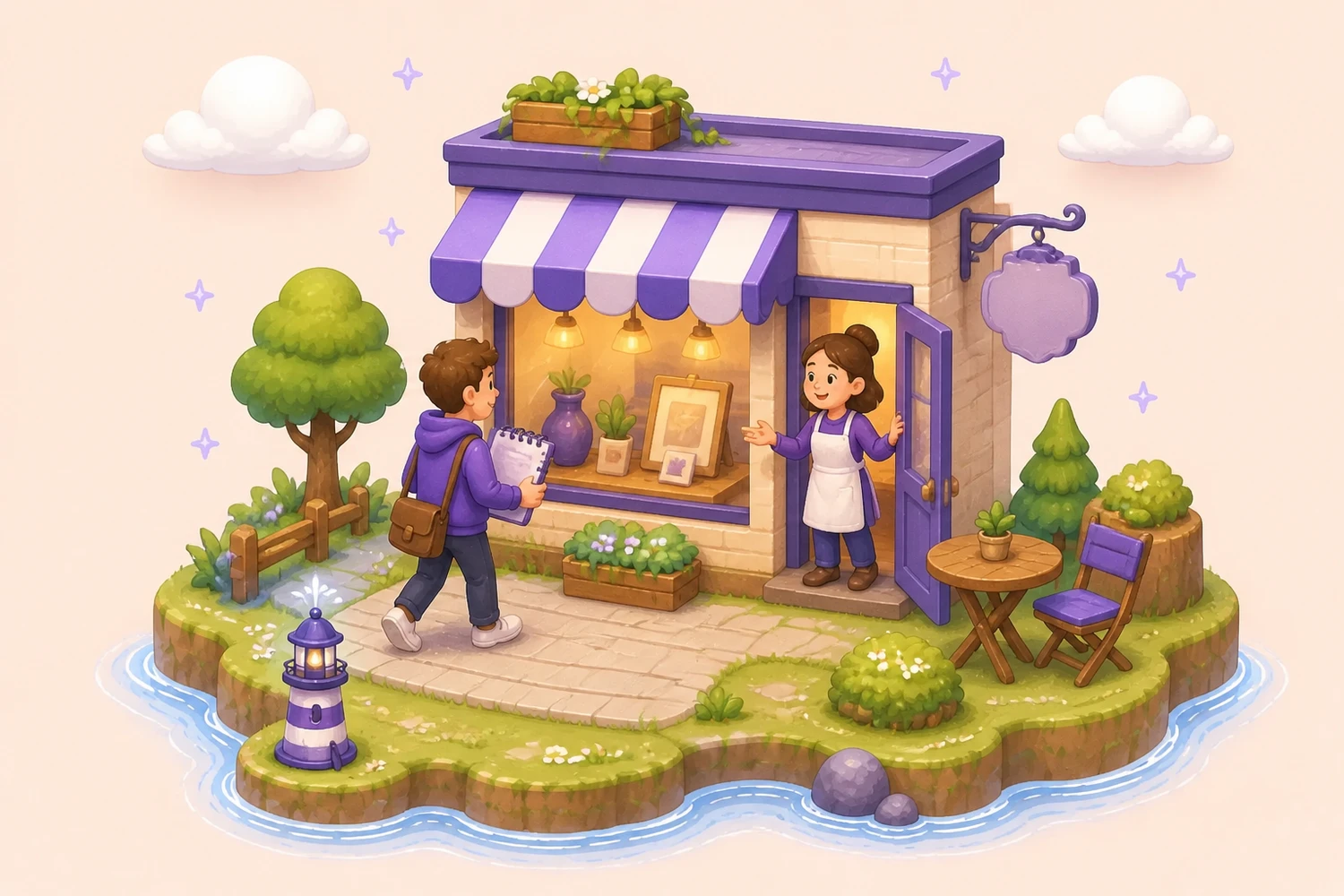 Vitrine d'un petit commerce vue de l'extérieur, façade sobre